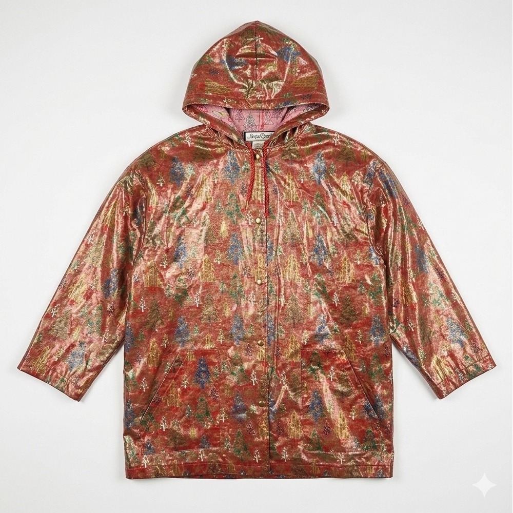 Unique Find! Vtg Its In The Bag Christmas Tree Metallic Gold Hooded Raincoat‎ M